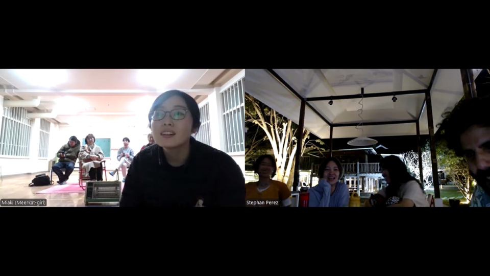 zoom splitscreen view showing miaki and her audience on the left and stephan, the other artist, with his audience on the right