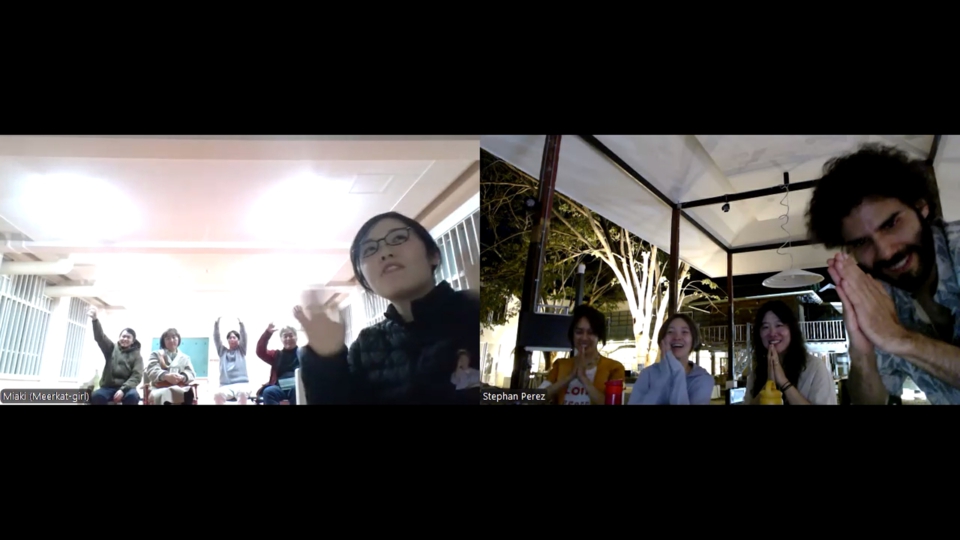 both sides of the zoom call say goodbye with the Japanese side waving and the Thai side pressing hands together.