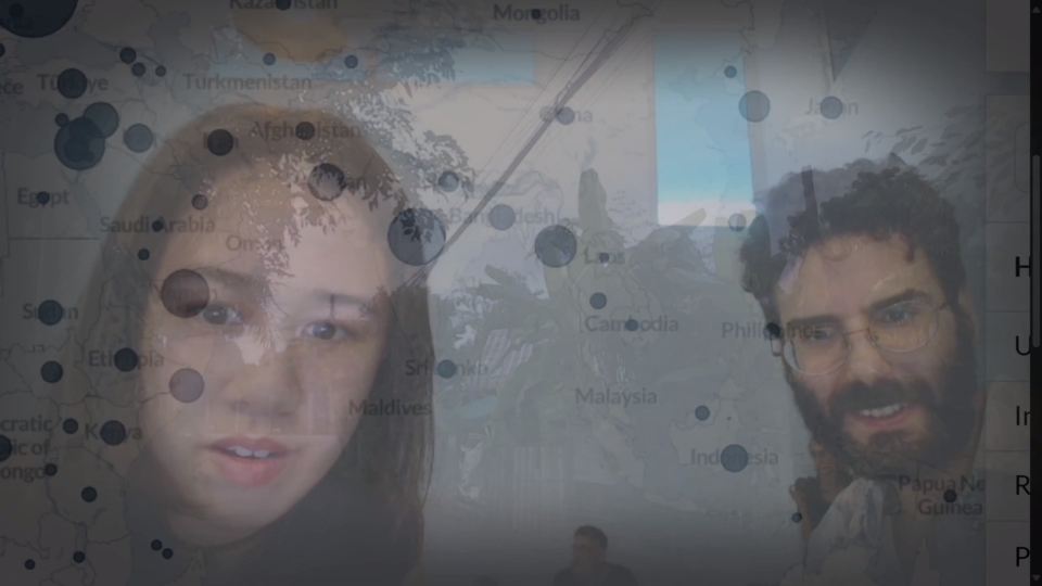 the faces of the artists, stephan e perez & junos jungle, alpha-blended with the ACLED conflict map and footage from the trees and buildings outside the venue.