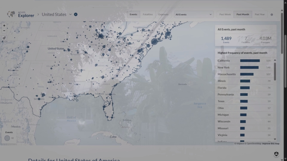 the ACLED conflict map and footage alpha-blended with live footage of the trees and buildings outside the venue.
