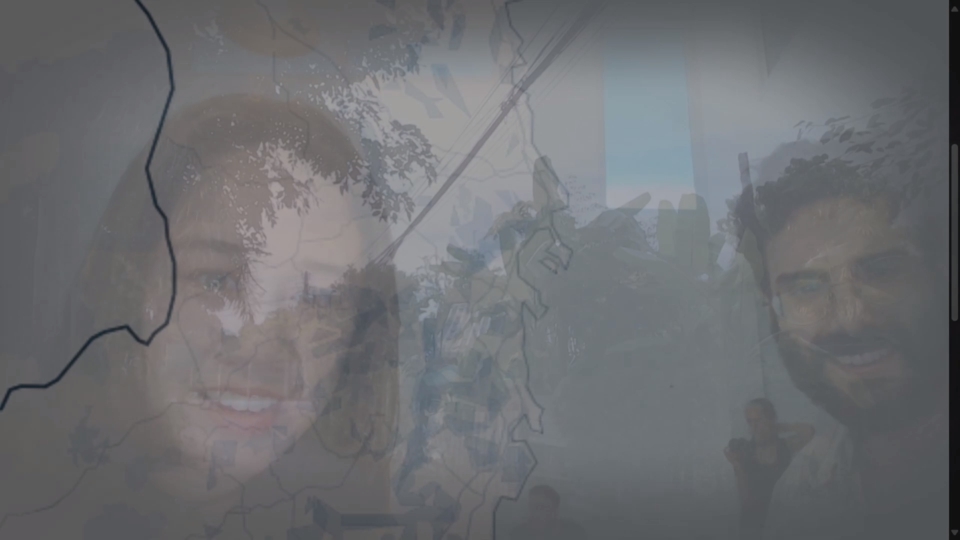 the faces of the artists, alpha-blended with the ACLED conflict map and footage from the trees and buildings outside the venue.